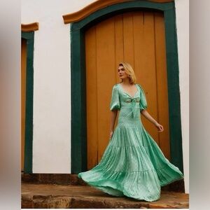 NWT PatBo Satin Dot Ruched Maxi Green Aqua Gown 8